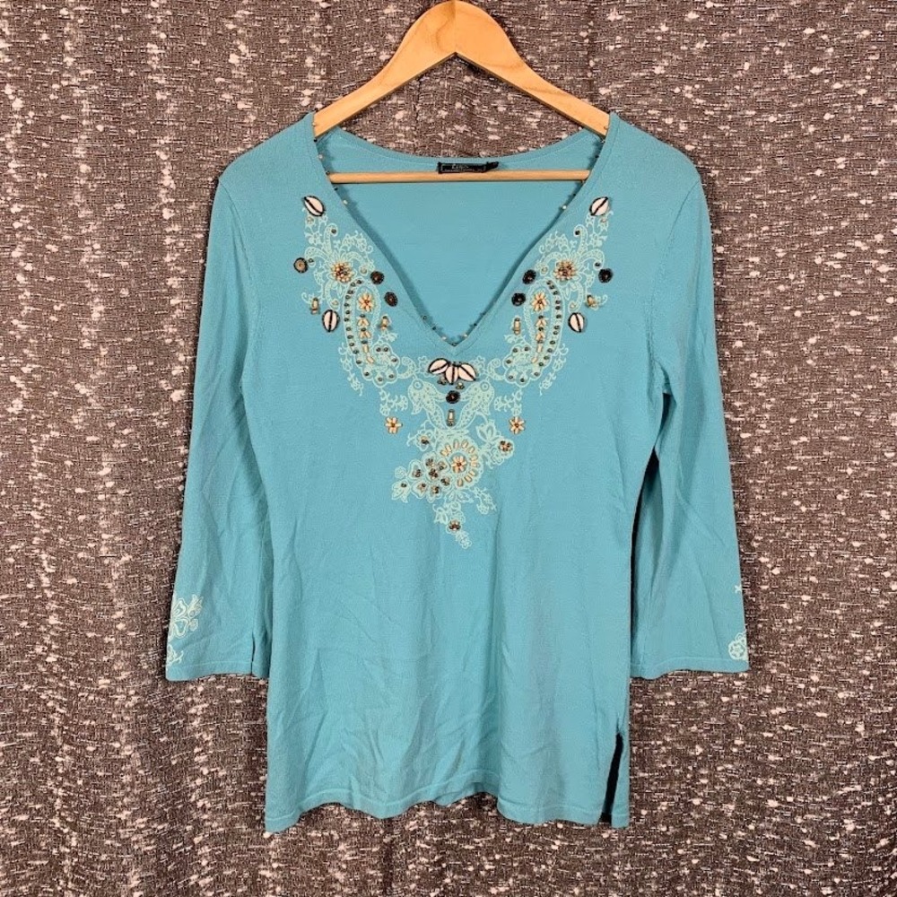 Vintage Lisa International Turquoise Beaded Top Boho Y2K Women's Small